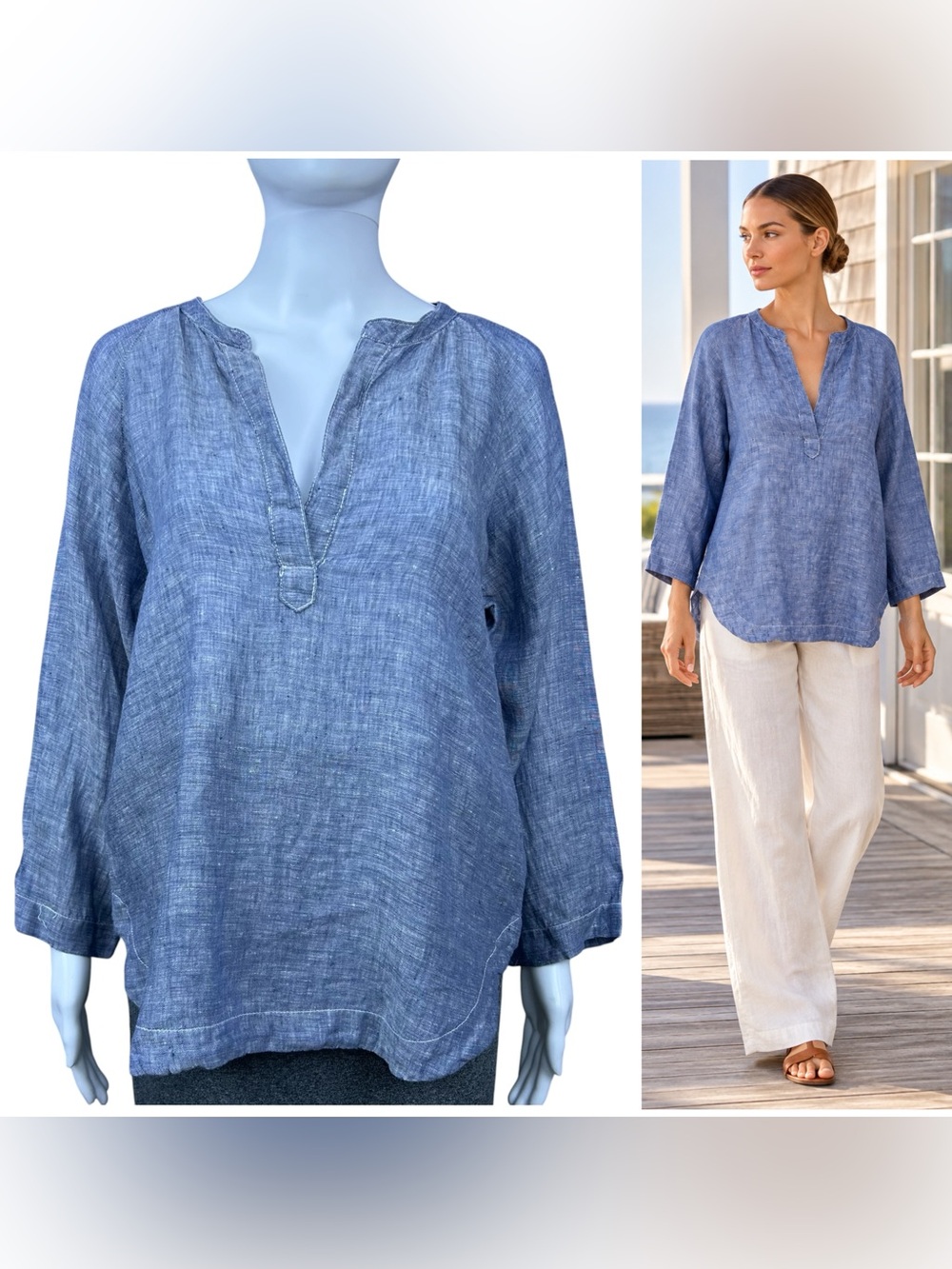 CP Shades Popover 100% Linen Tunic Top XS Blue Blouse Lagenlook Boho Costal USA